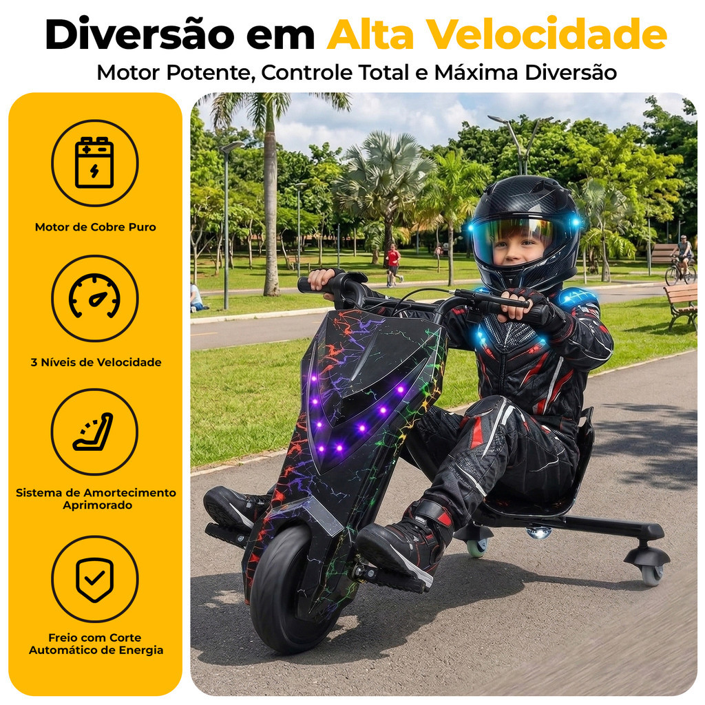Triciclo Elétrico Infantil Drift LED 350W Bluetooth 3 Velocidades com Amortecedor Seguro