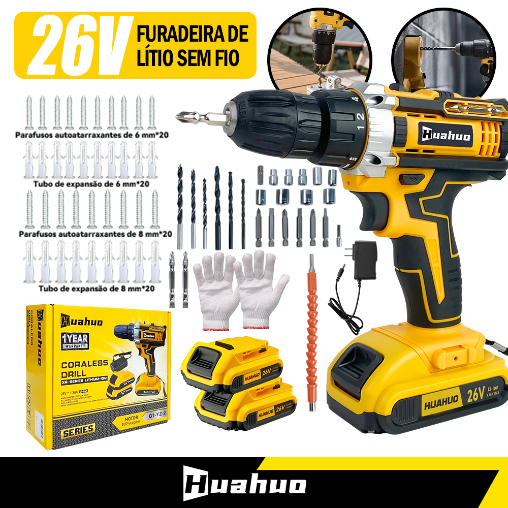 Furadeira Parafusadeira 26V/18V/12V Baterias Sem Fio Impacto Com Maleta Completo Broca Bits Caixa de papelão
